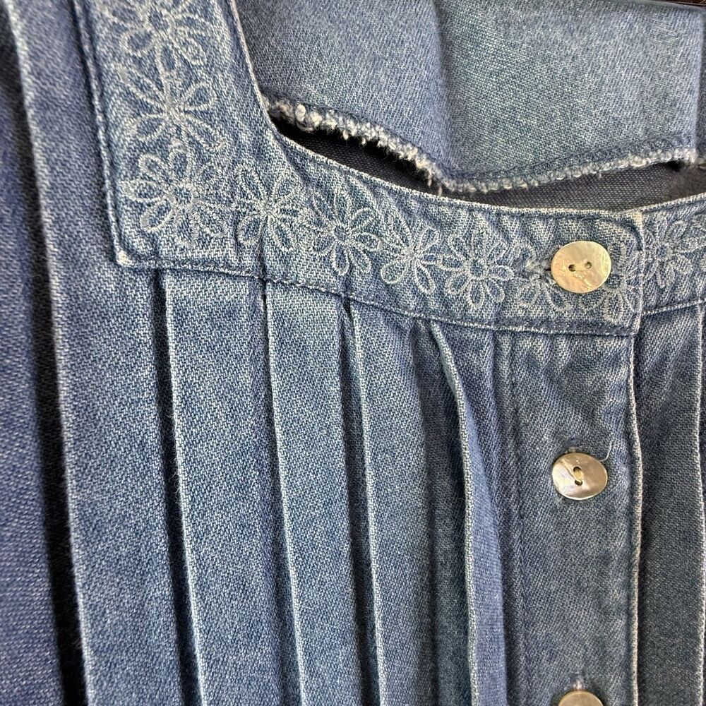 Vintage 90s Chambray Pintuck Pleated Dress | Prairie Cottage Denim Midi - Picture 8 of 16